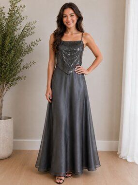 ✨ Vintage 1001 Nights Black overlay over Grey satin skirt Gray Sequin  Gown ✨